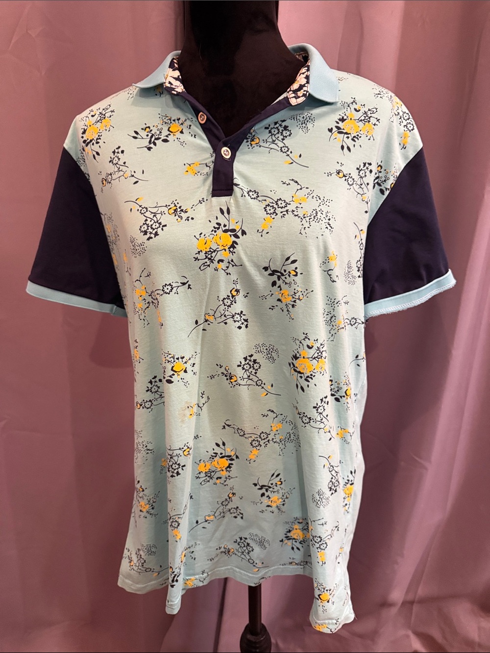 BRAND NEW!  Light Green & Blue Floral Polo Shirt with Navy Accents - Men